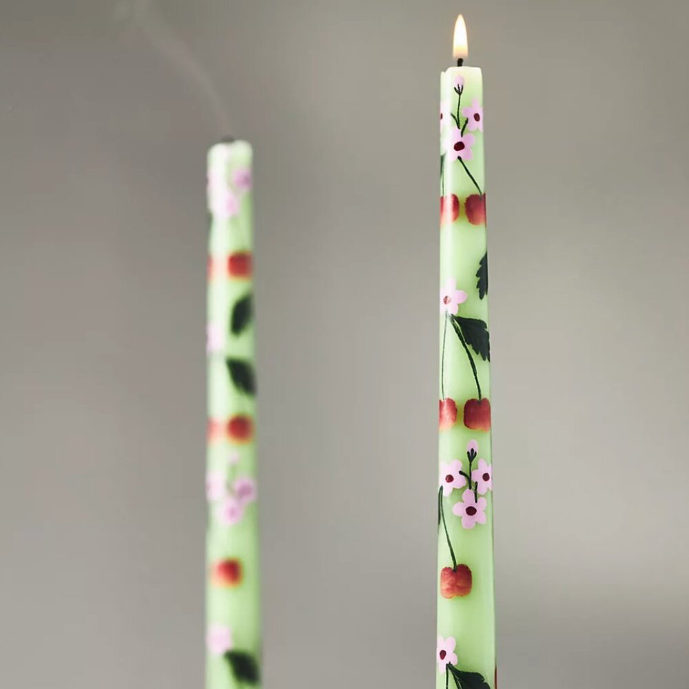 Anthropologie Faye Handpainted Green Taper Candles Set of Two